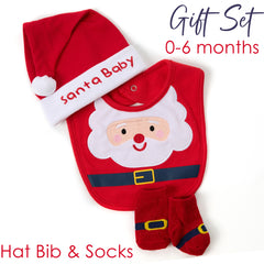 Baby Unisex Christmas Santa 3 Piece Hat Bib and Socks Gift Set