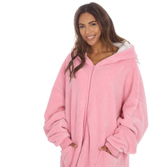 Womens Fleece Borg lining Sherpa Zipped Poncho Hoodie One Size Pink