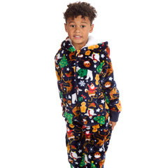 Kids Christmas Sherpa Fleece Onesie Novelty Jumpsuit Navy