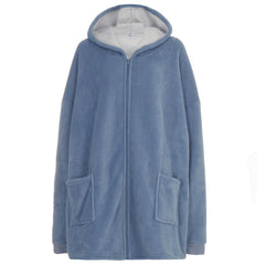 Adults Unisex Fleece Borg lining Sherpa Zipped Poncho Hoodie One Size Denim Blue