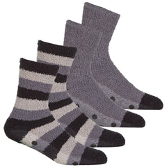 Mens Fluffy Cosy Winter Chunky Socks With Non Slip Grippers 2 Pairs- Stripes