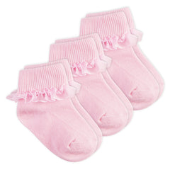 Baby Girls Frilly Lace Organza Ankle Socks Christening 3 Pairs Pink