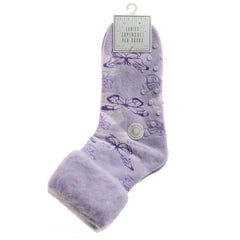Womens Fluffy Sherpa Fleece Slipper Socks with Non Slip Grippers Purple Butterfly
