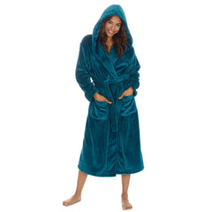 Womans Plush Fleece Dressing Gown Long Length Hooded Robe Teal