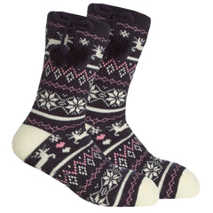 Womens Fair isle Chunky Winter Lounge Socks With Grippers