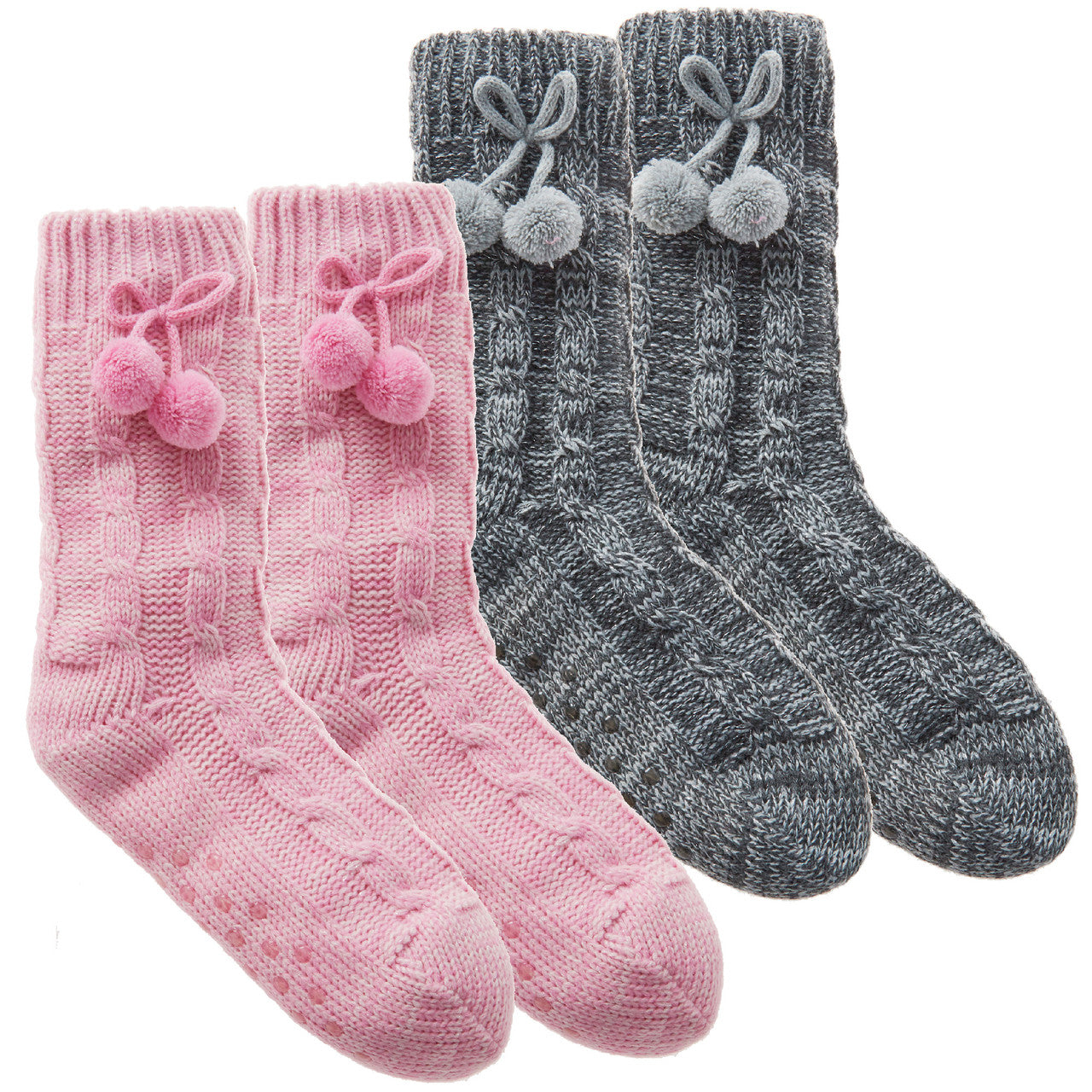 Ladies Knitted Warm Winter Bed Socks with Sherpa Lining and Pom Poms