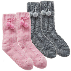 Womens Knitted Warm Winter Bed Socks with Sherpa Lining and Pom Poms