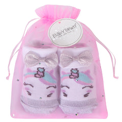 Baby Girls Unicorn Socks Bootie With Sparkling Bow Silver