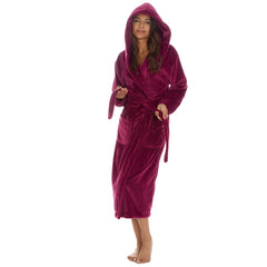 Womans Plush Fleece Dressing Gown Long Length Hooded Robe Burgundy