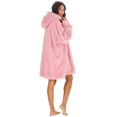 Womens Pink Oversize Hooded Blanket Cable Sherpa Fleece Blanekt Hoodie One Size