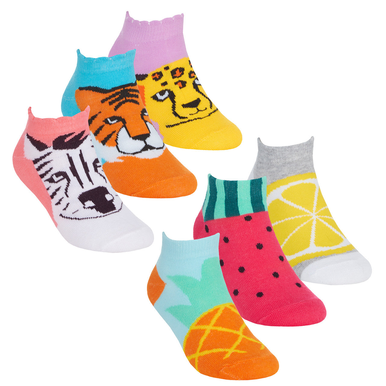 Girls Fruity Animals Trainer Liner Low Cut Ankle Socks 3 or 6 Pairs