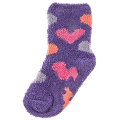 Girls Fluffy Sherpa Fleece Slipper Socks with Non Slip Grippers Purple Hearts