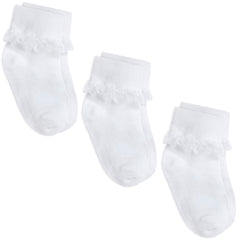 Girls Cute Frilly Ruffle Organza Lace Socks 3 Pairs White