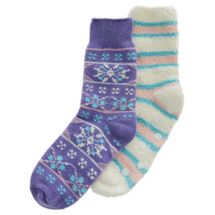 Womens Thermal Winter Knitted Fair Isle and Striped Design Chunky Warm Socks Purple 2 Pairs