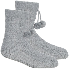 Womens Cable Lounge Socks with Grippers Warm Chunky Grey