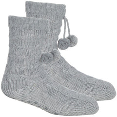 Womens Cable Lounge Socks with Grippers Warm Chunky Grey