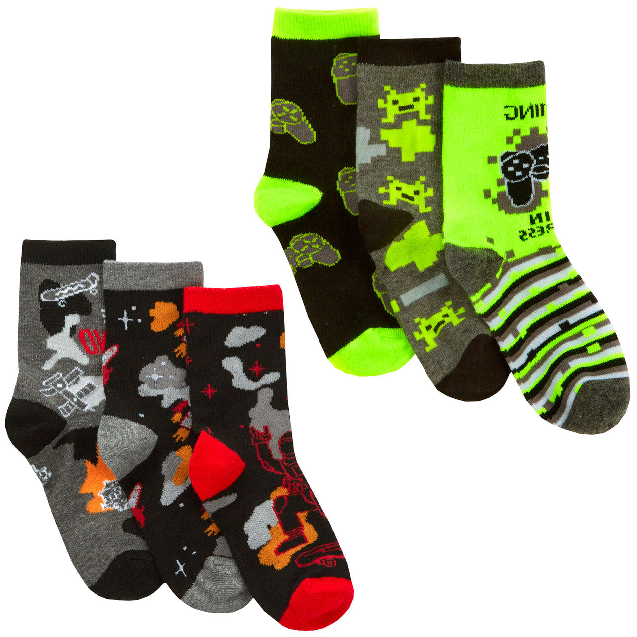 Boys Novelty Cotton Rich Crew Game Space Neon Mid Calf Socks