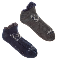 Mens Fluffy Low Cut Sherpa Fleece Slipper Socks with Non Slip Grippers Navy and Grey