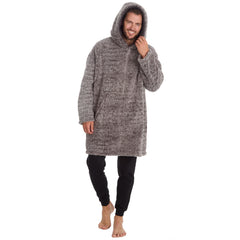 Mens Frosted Sherpa Fleece Oversized Hoodie Lounge Top One Size Grey