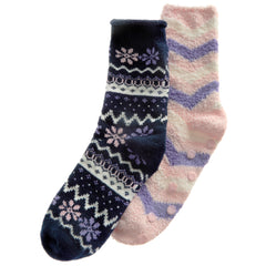 Womens Thermal Winter Knitted Fair Isle and Striped Design Chunky Warm Socks Blue 2 Pairs