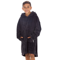 Boys Charcoal Plain Oversized Blanket Plush Fleece Hoodie with Pockets