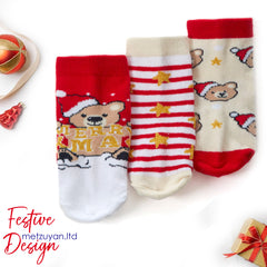 Babies Cotton Rich Novelty Christmas Design Socks 3 Pairs Teddy