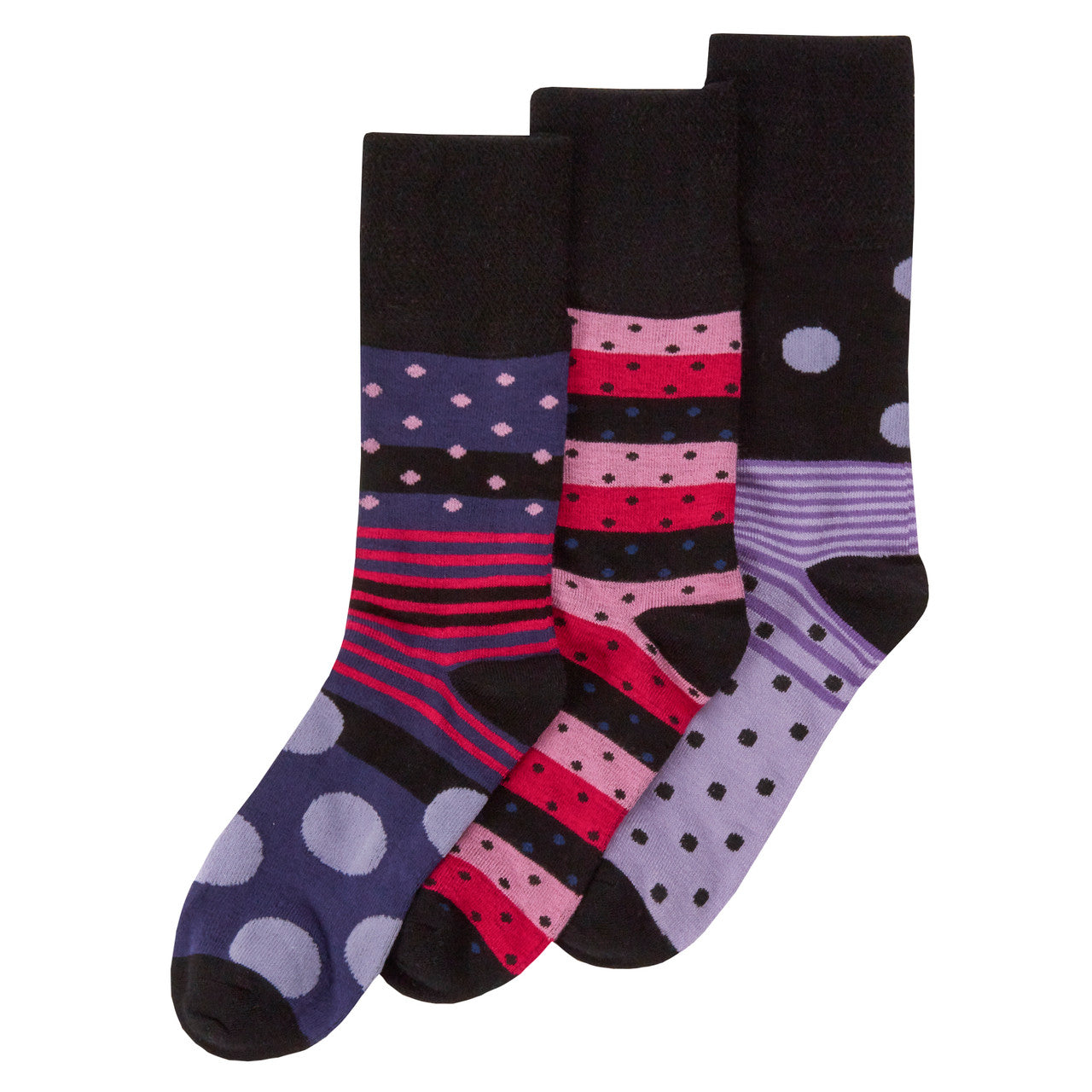 Ladies Bamboo Comfort Fit Loose Top Mid Calf Socks Spot Stripe Patterned Crew Socks Black