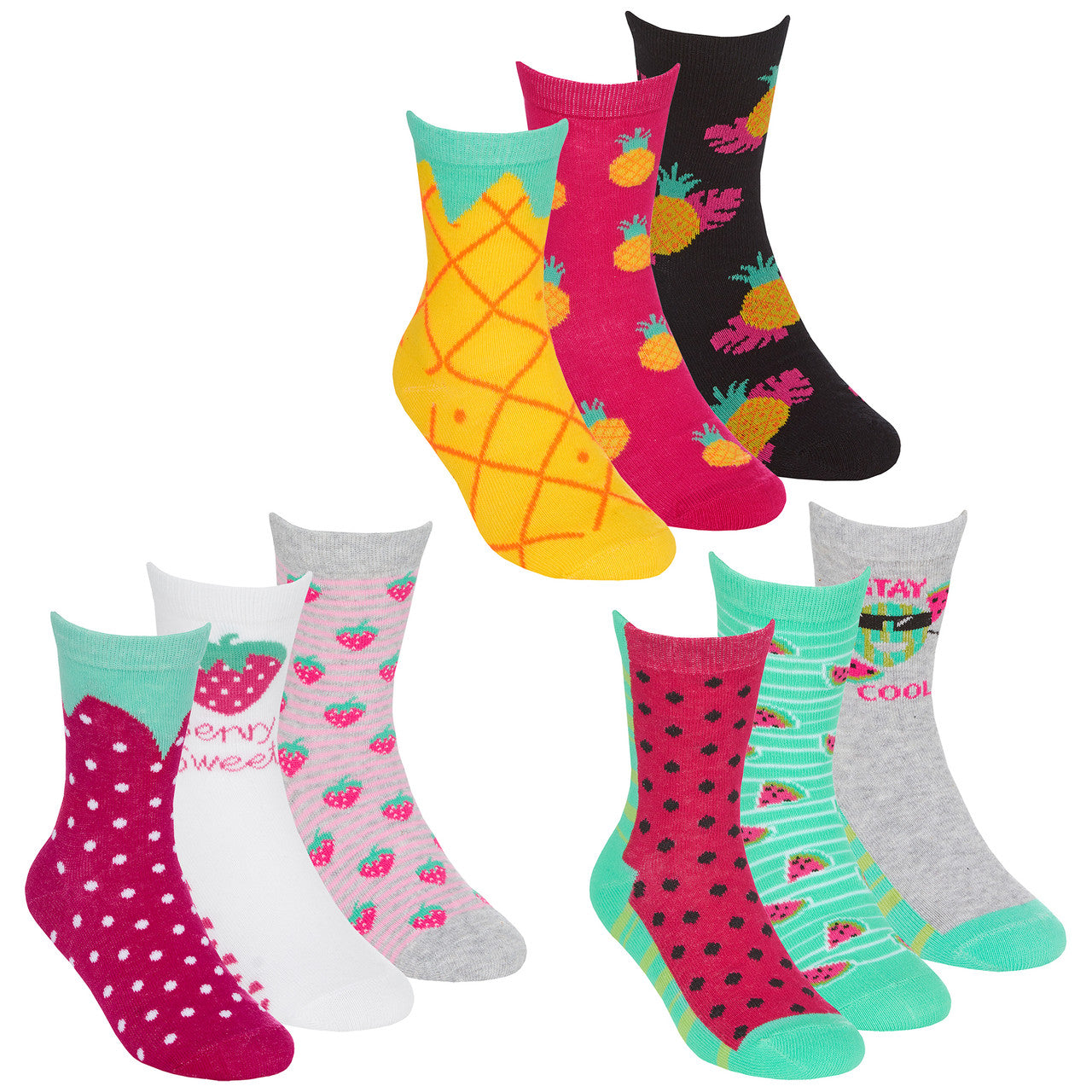 Girls Fruit Crew Socks Watermelon Pineapple Strawberry 9 Pairs