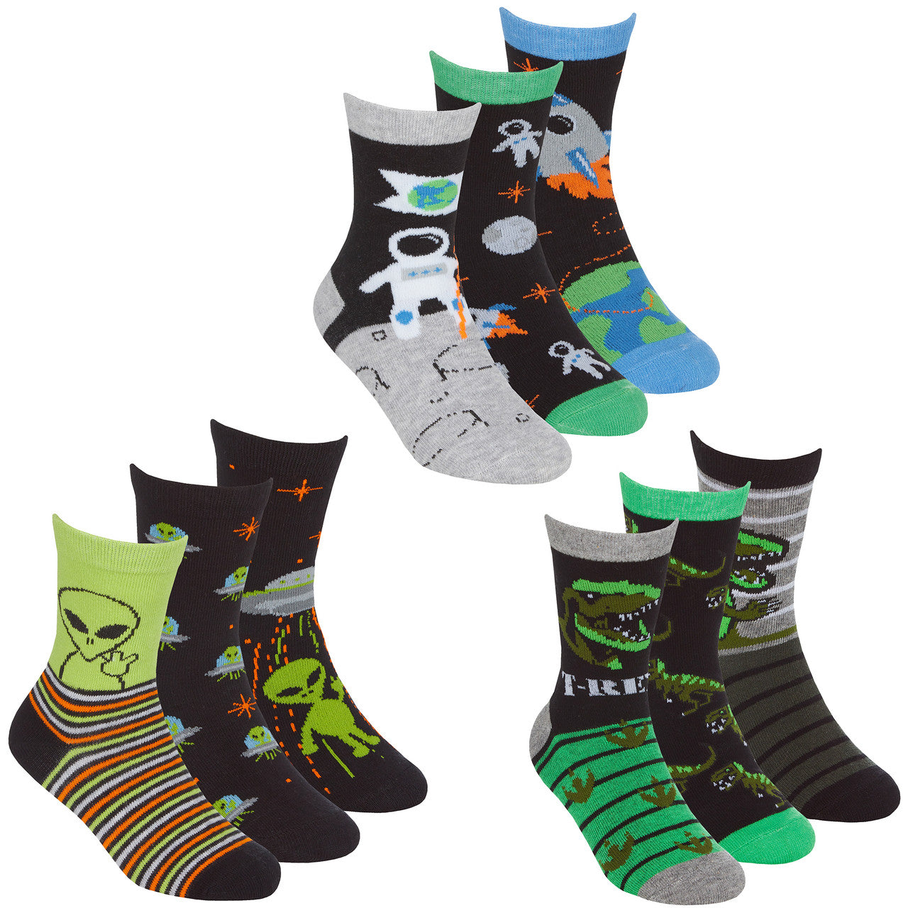 Boys Crew Socks Space Alien Dino 9 Pairs