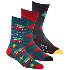 Men’s Christmas Themed Fun Designs Mid Calf Socks 3 Pairs - Xmas Tree