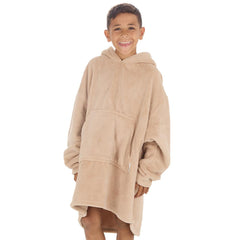 Boys Beige Toffee Plain Oversized Blanket Fleece Hoodie with Pockets