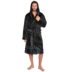 Mens Flannel Fleece Dressing Gown Classic Hooded Robe 3XL 4XL 5XL Green