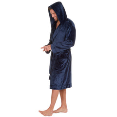 Mens Flannel Fleece Dressing Gown Classic Hooded Robe 3XL 4XL 5XL Blue