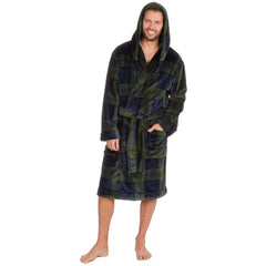 Mens Flannel Fleece Dressing Gown Classic Hooded Robe M-2XL Green