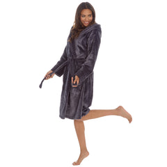 Womans Faux Fur Dressing Gown Thick Warm Hooded Robe Dark Grey