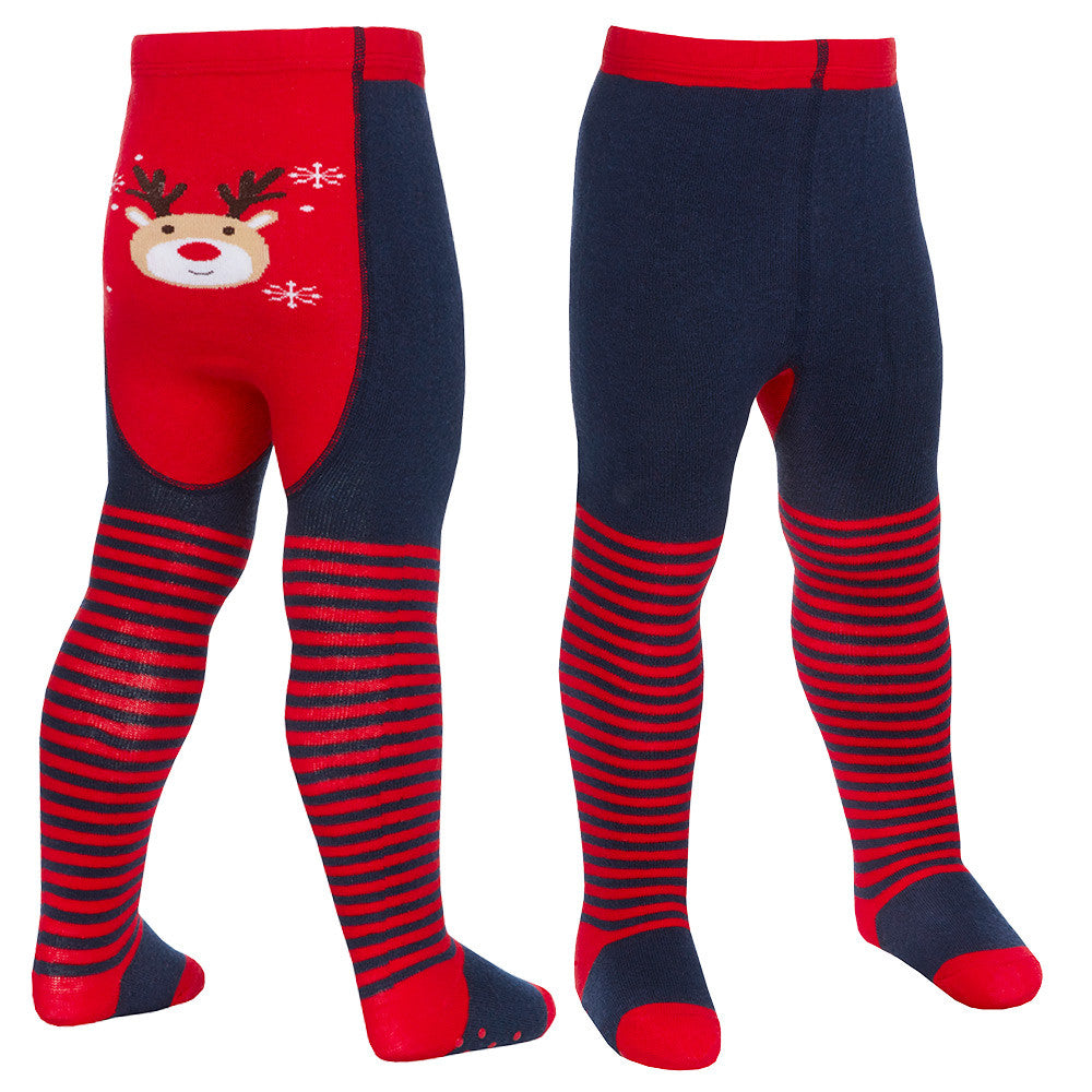 Baby Girls Christmas Tights With Anti Slip Grips Navy Reindeer