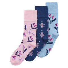 Womens Bamboo Floral Comfort Fit Mid Calf Socks Patterned Loose Top Crew Socks Blue