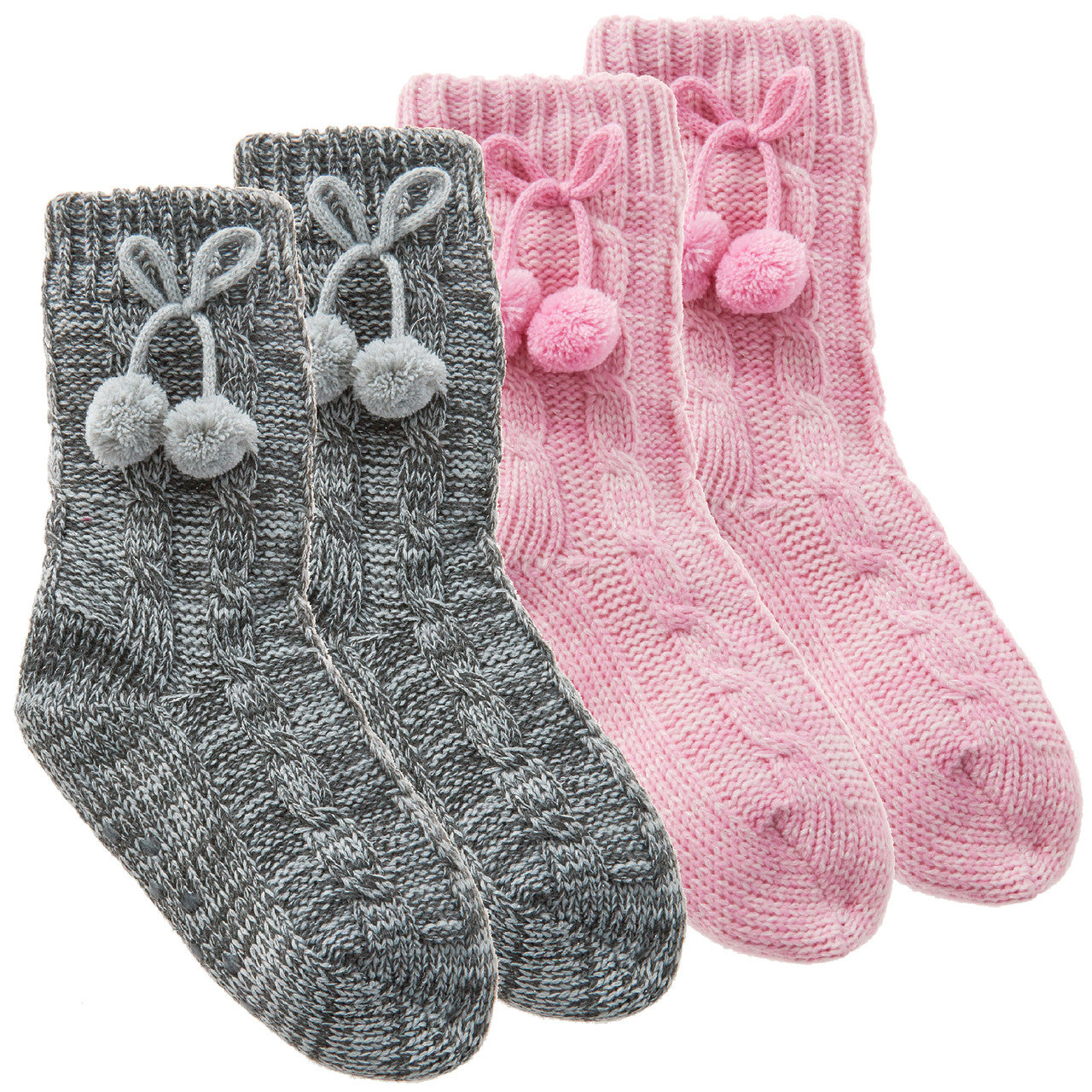 Girls Knitted Chunky Winter Socks with Grippers Sherpa Lining Pom Poms