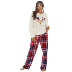 Womans Plush Fleece 2 Piece Reindeer Checked Pant Lounge Set Cream