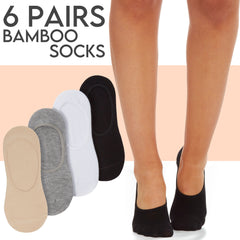 Womens Bamboo Plain No Show Invisible Antibacterial Hypoallergenic Socks 6 Pairs