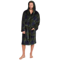 Mens Flannel Fleece Dressing Gown Classic Hooded Robe M-2XL Green