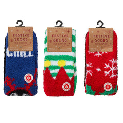 Mens Fluffy Warm Christmas Printed Bed Socks with Anti Slip