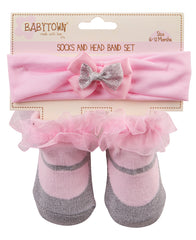 Baby Girl New Cute Frilled Socks And Headband Set Light Pink