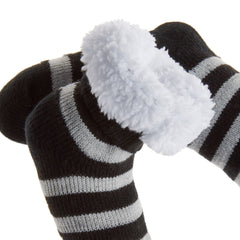 Baby Boys Chunky Sherpa Fleece Socks With Abs Grippers Black Stripes