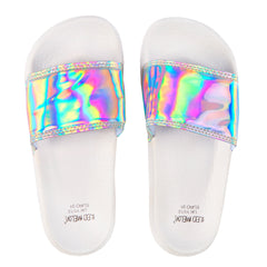 Girls Holographic Sliders Flip Flops White Lightweight Comfortable Slippers