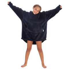 Girls Navy Blue Plain Oversized Blanket Plush Fleece Hoodie with Pockets