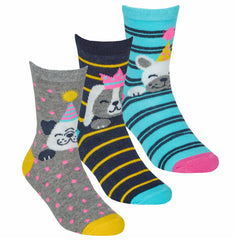 Girls Novelty Funny Dog Puppy Printed Socks 3 Pairs Blue Dog