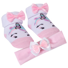 Baby Girls Pink Unicorn Bow Headband With Matching Socks Set Pink