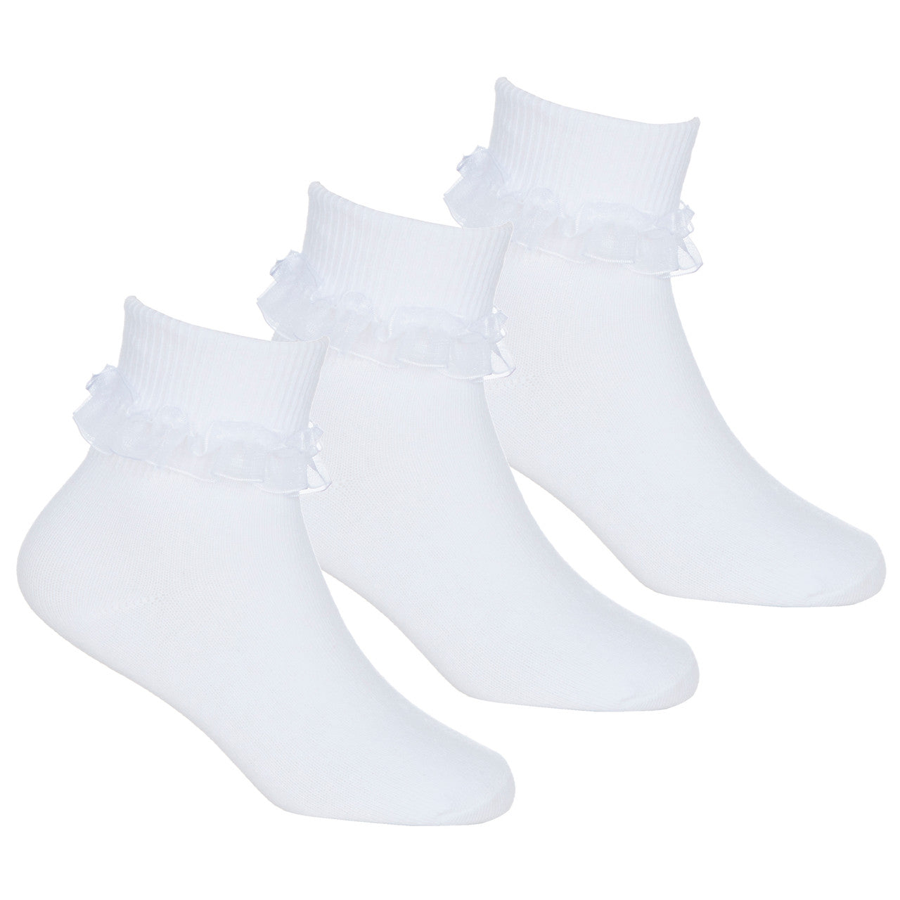 Girls Ankle Socks With Organza Lace Trim Frill 3 Pairs - White