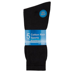 Mens Thick Cotton Rich Crew Sport Socks 5 Pairs Black
